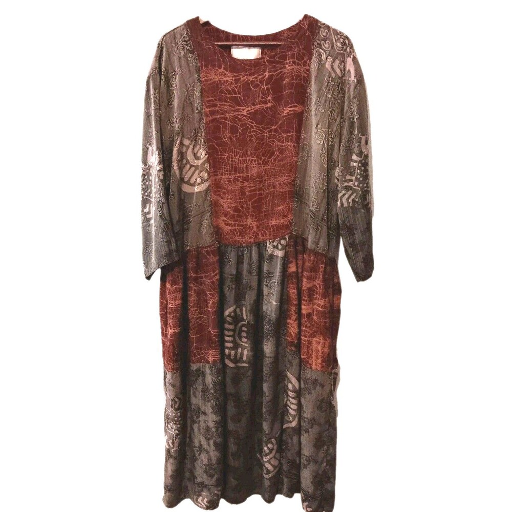 Vintage Kuswadi Bali Handmade Patchwork Rayon Dress Midi/Maxi Sz XXL Art-To-Wear